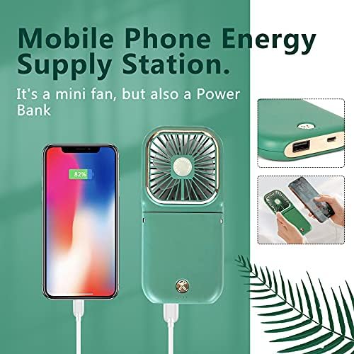 Portable Mini Fan - 5 in 1 with Phone Holder, Desk Fan, USB Rechargeable, 3000 mAh Power Bank, 3 Speed Adjustable, Neck Lanyard, Green