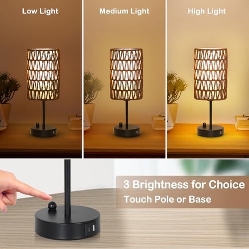 Bedside Lamps Set of 2, Touch Control Night Stand Lamp for Bedroom with Rattan & Linen Shade & Bulbs, 3 Way Dimmable Small Boho Table Lamps with USB Charging Port & Phone Stand (Coffee Color) - Image 4