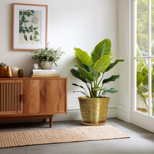 Ceramic Pots for Plants - 12 Inch Planter for Indoor Outdoor, Round Plant Pot with Drainage Hole and Saucer, Decorative Large Planter, Modern Flower Pots, House Decor, Garden Gifts, Gold - Image 6