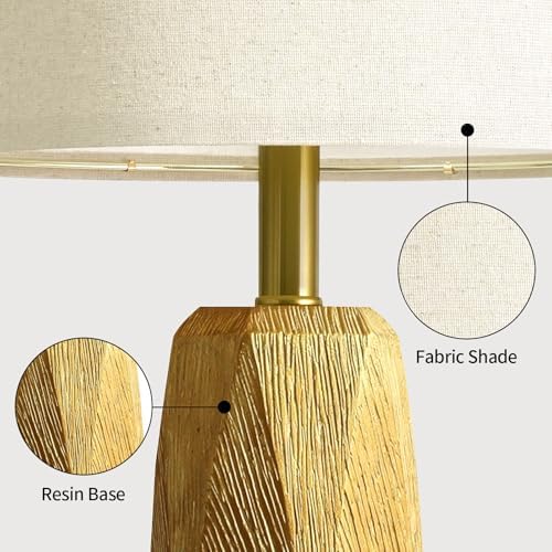 BOBOMOMO 27.5" Gold Table Lamps Set of 2 with USB-A & USB-C Charging Ports, Textured Resin Bedside Lamps with Linen Shade & Rotary Switch, Tall Nightstand Lamps for Bedroom, Living Room Office - Image 3