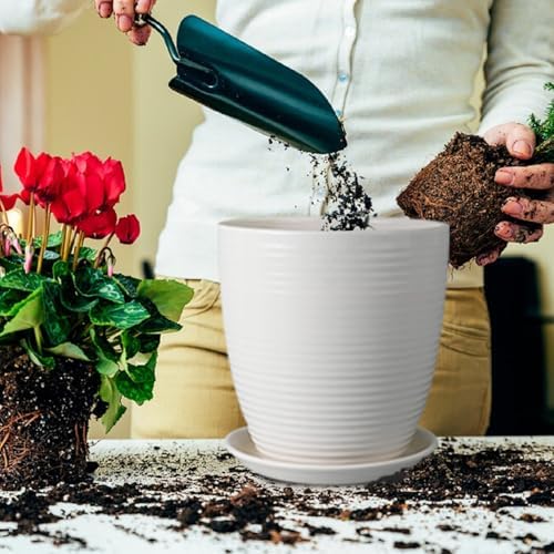 10 Inch Ceramic Planter Pot - Large Plant Pot with Drainage Hole and Saucer, Modern Round Flower Pots for Indoor Outdoor Plants, Garden Planter, White - Image 4