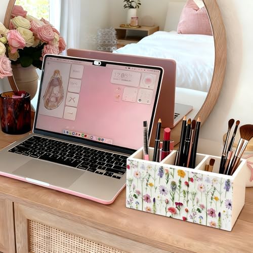 Floral Pen Pencil Holder for Desk Accessories, Cottagecore Colorful Wildflower Botanical Wooden Box Sign Decorations for Girls Room Bedroom Dorm Home Office Desk Tabletop - Image 5