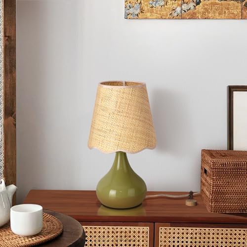 Ziqqeelam Green Cute Small Boho Table Lamp for Bedroom Bedside, Green Lamps for Nightstand, Scalloped Rattan Shade Table Lamps for Small Spaces for Bedroom, Home Office, Living Room, Kids Dorm by Unknown