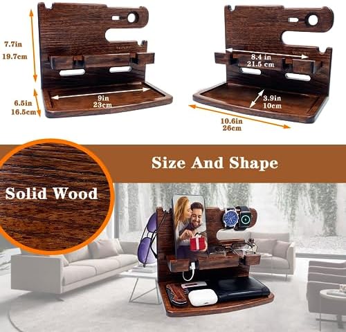 VEIYAILU Gifts for Men Women Dad Husband Son Boyfriend Him Desk or Nightstand Organizer Birthday Gifts Wood Phone Docking Station Anniversary Idea from Wife - Key Holder, Watch (Dark Brown) - Image 3
