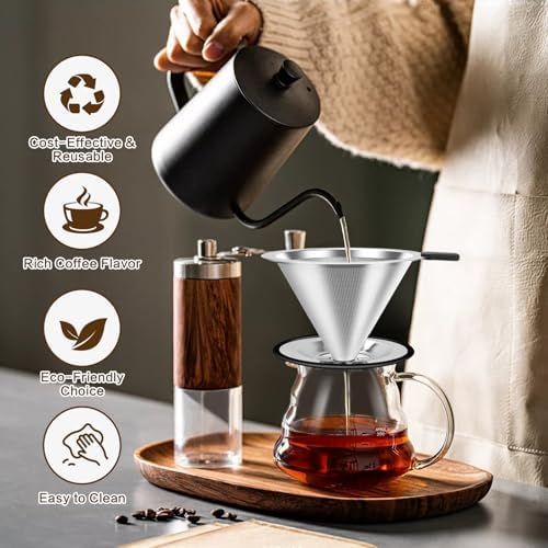 Pour Over Coffee Dripper, Stainless Steel Coffee Filter, Paperless Reusable Coffee Filter, Double Micromesh 600 Mesh Strainer Coffee Maker with Heat-Resistant Silicone Handle & Base (1-2 Cups) - Image 3