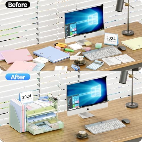 OPNICE Desk Organizer, 4-Tier Desktop File Organizer with Drawer and Pen Holders, Office Desk Accessories, File Sorters, Workspace Organizers for Office Supplies(Green) - Image 5