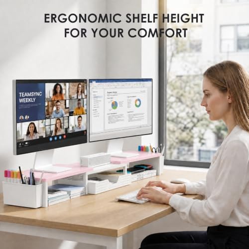 OPNICE Desk Organizers and Accessories, Dual Monitor Stand Riser with Drawer and 2 Pen Holders, Desk Shelf Printer Stand for Office Workspace Organizers, Desktop Organization (Pink-White) - Image 2