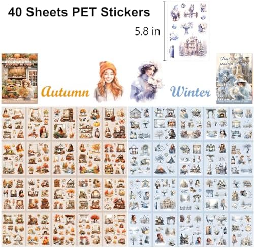 YagCu Autumn Winter Journaling Stickers, 40 Sheets Scrapbook Sticker, Seasons Junk Journal Supplies, Pre-Cut Aesthetic PET Materials for Adults, Fall Decorative DIY Arts Craft - Image 4