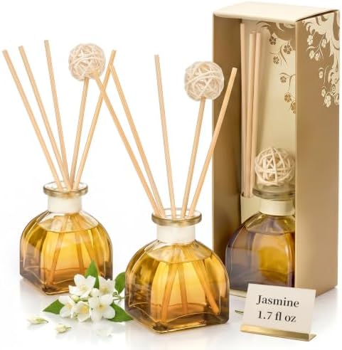 Jasmine Reed Diffuser Set, 2 Pack 1.7 fl oz Glass Bottles, 5 Rattan Sticks & Rattan Ball, Plant-Based Non-Toxic Essential Oil, Fresh Long-Lasting Home Fragrance for Bedroom Office by WOHSEROM