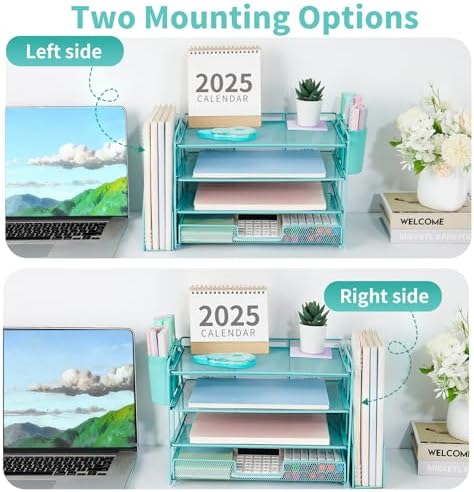 OPNICE Desk Organizer, 4-Tier Desktop File Organizer with Drawer and Pen Holders, Office Desk Accessories, File Sorters, Workspace Organizers for Office Supplies(Teal Blue) - Image 2