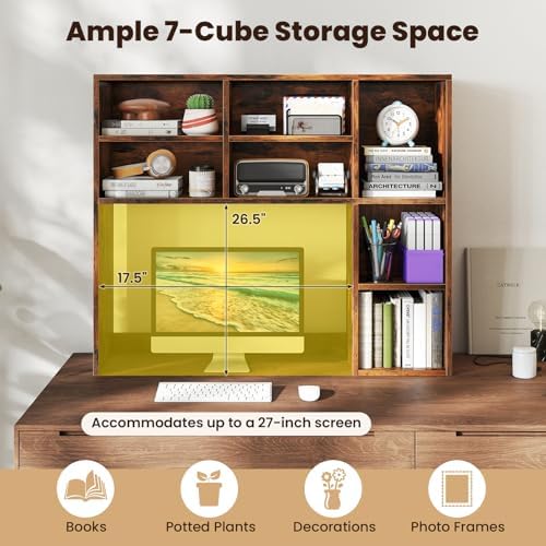 Giantex Desktop Bookshelf, Desk Hutch Dorm w/ 7 Cubes & 3 Adjustable Shelves, Desk Shelf for Up to 27" Computer Monitors, Wooden Desktop Storage Organizer for Dorm College Office Home, Rustic Brown - Image 4
