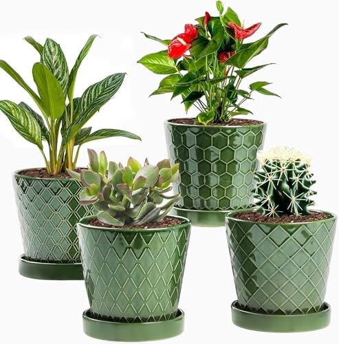 EFISPSS Flower Planter –5 inch Ceramic Plant Pots with Drainage Hole and Ceramic Tray - Gardening Home Desktop Office Windowsill Decoration Gift Set of 4 - Plants NOT Included by EFISPSS