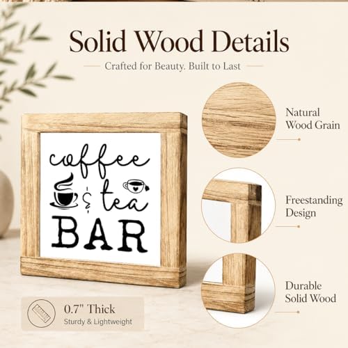 Coffee Tea Bar Sign, Wooden Coffee Bar Decor, Rustic Farmhouse Kitchen Plaque, Beverage Station Shelf Sitter For Countertop Cafe Corner Tea Lover Gift, 5.9 x 5.9 in - Image 6