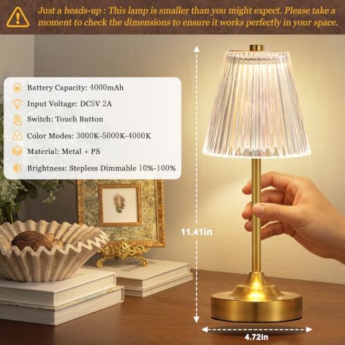 Gold Cordless Rechargeable Table Lamp, Battery Operated, Crystal, Small - Image 3