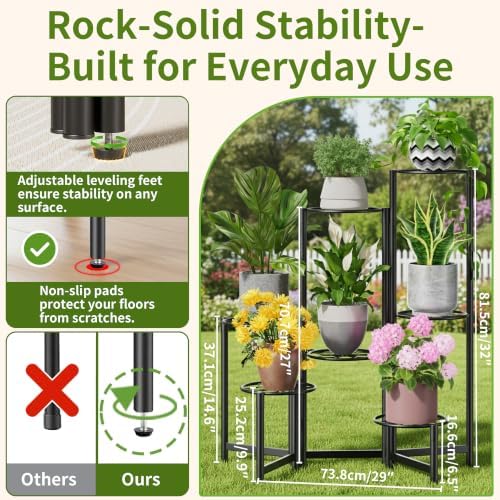 7 Tier Metal Patio Plant Stand Outdoor, Heavy Duty Flower Stands for Indoor Plants, Floding Tall Corner Shelf for Diaplay Racks for Home Decor, Graden, Balcony -BlackDiamond - Image 3