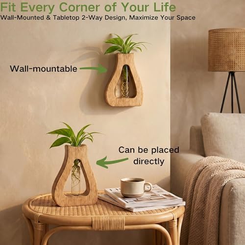 Plant Propagation Station with Glass Test Tube Vases, Wooden Stand Planter Terrariums for Hydroponic Plant Cuttings, Home Office Desktop Decor, Gift for Plant Lovers - Image 4