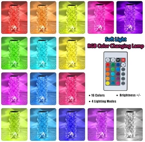 VoMii Crystal Lamp Touch, RGB 16 Colors Changing Night Light with Remote, Crystal Table Lamp Bedside Lamp, Rose Wave Diamond Night Light, Ambient Lighting for Bedroom/Game Room/Dinning Room - Image 2