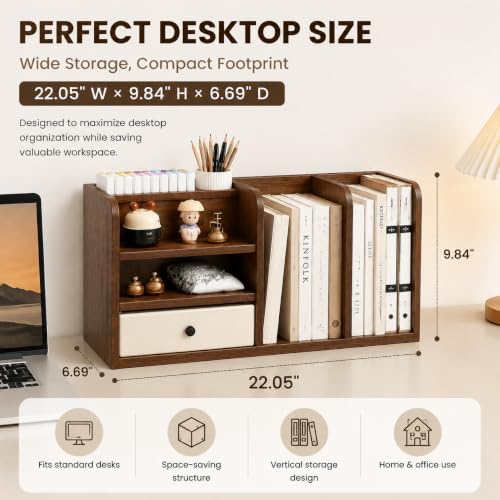 Desktop Organizer with Drawer & Dual File Compartments, Multi-Functional MDF Desk Storage Rack with 3-Tier Shelves and Pen Holder, Space Saving Desk Organizer 22.0×10.6×6.7 Inch for Study Room - Image 2