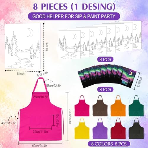 Cholemy 8 Set Paint and Sip Kit for Adults 8'' x 10'' Pre Drawn Canvas with Wooden Easels Acrylic Paint Brushes Wash Cup Palette Apron for Painting DIY Date Night Party Supplies (Moonlit Night) - Image 4
