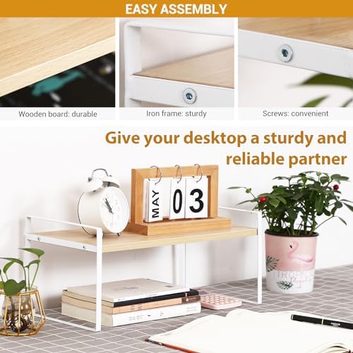YGYQZ Desk Shelf Organizer for Top of Desk, 1-Tier Desktop Bookshelf, White & Wood - Image 5