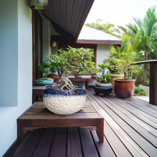 Ceramic Flower Pots, 10 Inch Planter with Drainage, Beige-Blue - Image 3
