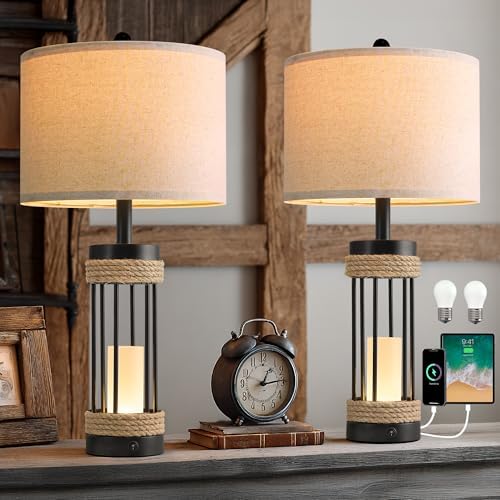 OYEARS 25" Table Lamps Set of 2 with Night Light, Rustic Bedside Lamps with USB C+A Charging Ports, Black Metal Lamp with Rope Accent and Frosted Glass, Farmhouse Lamps for Living Room Bedroom by OYEARS