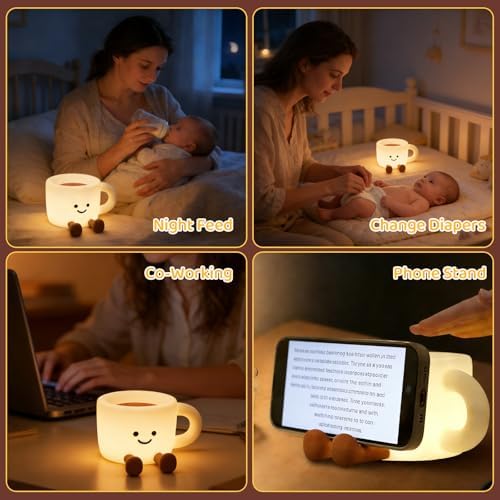 Coffee Cup Night Light, 3 Level Dimmable 30 Timer 7 Colors Nightlight Cute Lamps Silicone Squishy Light USB Rechargeable Bedside Touch Lamp for Baby Desk Dorm Decor Birthday Gift - Image 4