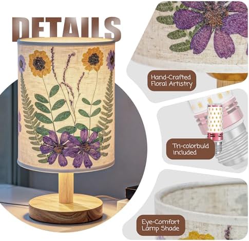 Artisan Crafted Floral Pressed Nightstand Lamp - Handmade Vintage Table Light with Adjustable Warm Glow for Bedroom, Office, or Living Room Decor (Purple) - Image 3
