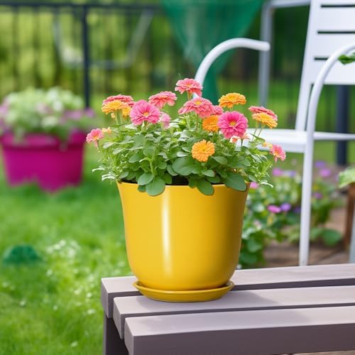 Ceramic Pots for Plants - 8 Inch Plant Pot for Indoor Outdoor, Round Planter with Drainage Hole and Tray, Decorative Flower Pot, Modern Planter, Home Patio Decor, House Warming Gift, Yellow - Image 4