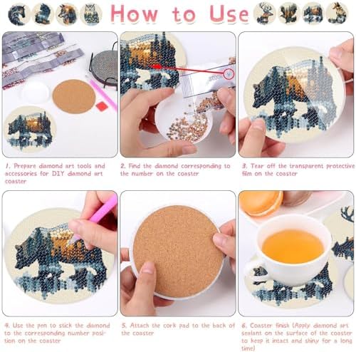 NEGEKFKX 8 Pcs Diamond Art Painting Coasters Kits,Animal Landscape Coaster with Holder for Adults, Non-Slip DIY Dot Paint Craft Kits,5D Full Drill DIY Diamond Dot Gem Art Kit Home Decor Arts Craft - Image 6
