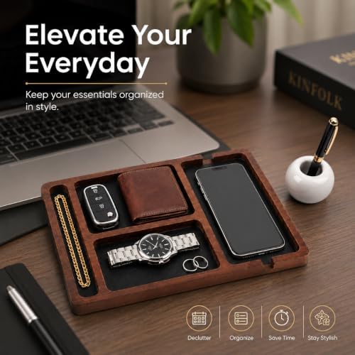 Desk Organizer Tray for Men with Ceramic Pen Holder, Wooden Valet Tray, Minimalist EDC Desk Organizer for Phone, Wallet, & Keys, Nightstand Bedside, Entryway, (Natural) - Image 2