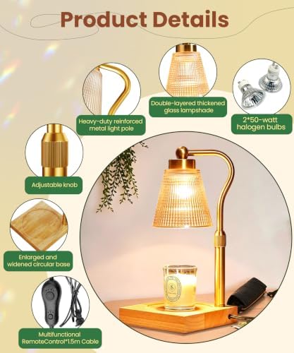 Height Adjustable Candle Warmer Lamp with Timer, 3 Dimmable Wax Melt Warmer, Birthday Gifts for Women Mom, House Warming Gifts New Home Decor, Candle Warmer for Jar Candles with 2 Bulbs，Gold-Amber - Image 6