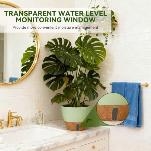8/9/10 Inch Self Watering Pots, Plastic Flower Pots with Multi Mesh Drainage Holes and Water Level Indicator & Deep Reservoir for Indoor Outdoor Garden Plants and Flowers (Green) - Image 5