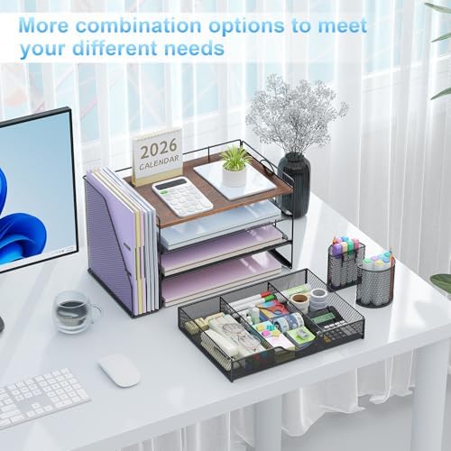 gianotter Desk Organizers and Accessories with File Holder, 4-Tier Desk Accessories & Workspace Organizers with Drawer and 2 Pen Holder, Paper Organizer for Office Supplies (Wood) - Image 3