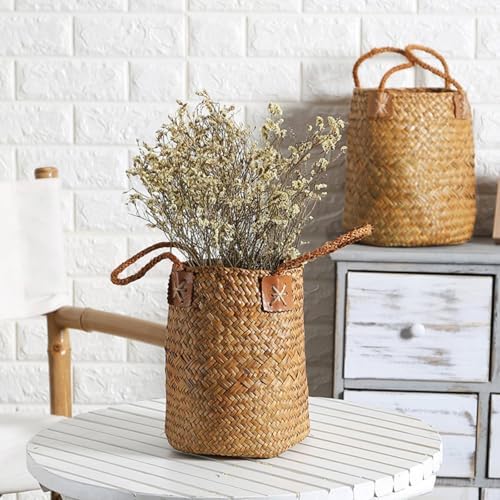 Handmade Basket Woven Organizer Basket Round Storage Bin With Open Top And Leather Strengthened Border Handcrafted Seagrass Weave Suitable for shelves, Coffee, Small - Image 4