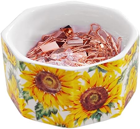 Ceramic Paper Clip Holder Gold Line Paper Clip Dispenser Organizer for Desk Cute Floral Flower Pattern Office Binder Clip Holder Bobby Pin and Hair Clip Holder Gift for Office Sunflowers - Image 2