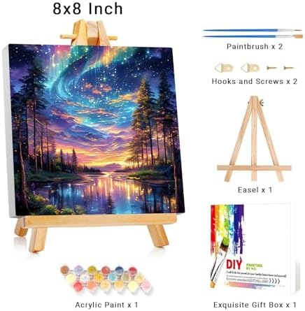 Framed Paint by Numbers Kit for Adults Beginner Kids Ages 8-12 Starry Night Adult Paint by Number Kits on Canvas with Easel Landscape Painting by Numbers for Adults with Frame DIY Painting Kits 8x8 In - Image 2
