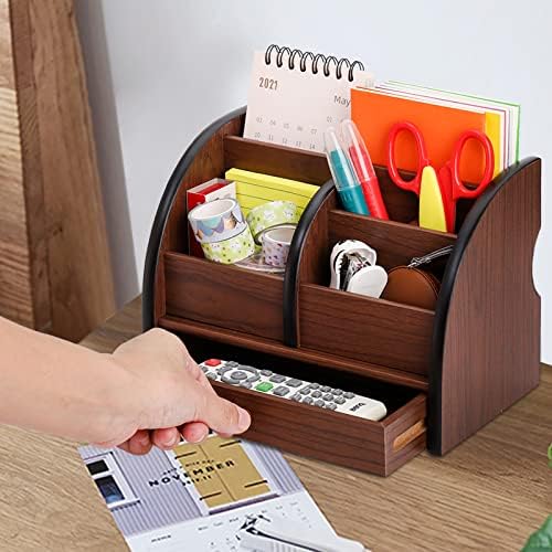 Foraineam Wooden Desk Organizer with Drawer, Remote Control Holder Caddy, Makeup Organizers, Wood Pencil Holder Desktop Supplies and Stationery Rack for Home Office School Tabletop Accessories Storage - Image 6