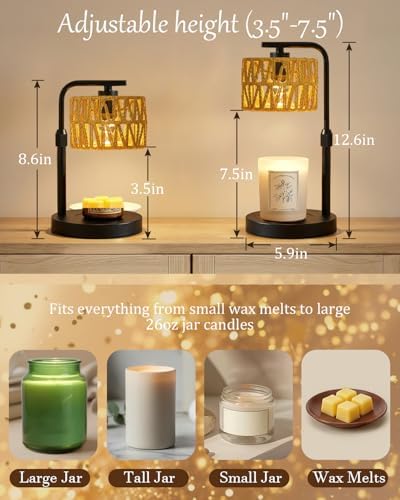 Candle Warmer Lamp, Timer Dimmable Candle Lamp, Adjustable Height and Brightness Candle Warmer, Boho Rattan Lampshade and 2 Bulbs, Suitable for Home Decor, Birthday Gifts for Women Mom (Black) - Image 5