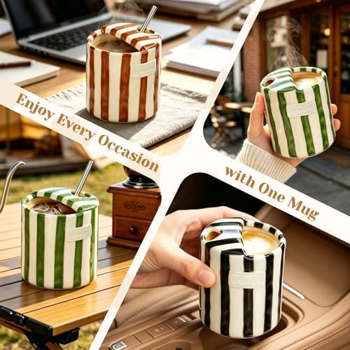 Ceramic Coffee Mug Novelty Ceramic Travel Mug Cute Espresso Cups To Go Anthropologie Latte Cups Aesthetic Green Pottery Mugs With Sip Hole 10oz Clay Striped Vintage Handmade Coffee Cup for Home - Image 7