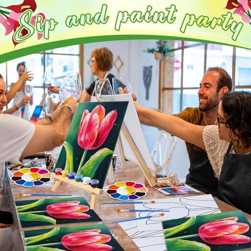 Motipuns 6 Set Pre Drawn Canvas for Painting for Adults Sip and Paint Kit with Easels 8 x 10 Inches Paint Party Kit with Printed Canvas Paints Brushes Palette Apron(Tulip) - Image 5