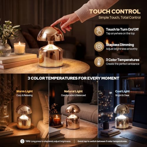Mini Mushroom Rechargeable Table Lamp Cordles, Gold, 2 Pack - Image 3
