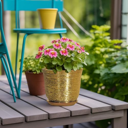 5.6 Inch Plant Pot - Ceramic Planter for Indoor Outdoor, Round Succulent Orchid Pot with Drainage Hole and Plant Saucer, Modern Decorative Planters, Living Room Decor, Gifts for Women, Gold - Image 4