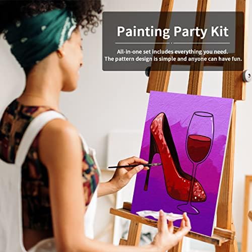 VOCHIC Pre Drawn Canvas for Painting for Adults Paint and Sip Kit Pre Printed Canvas to Paint Party Supplies 8x10 inch Girl High Heels Glass 8 Colors,3 Brush,1 Pallet Art Set - Image 3