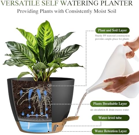 Self Watering Pots with Drainage Holes, 3 Pack 12/10/8 Inch Plant Pots with Water Level Indicator Deep Reservoir, Large Plastic Planter for Indoor Outdoor Plants - Black Brown - Image 3