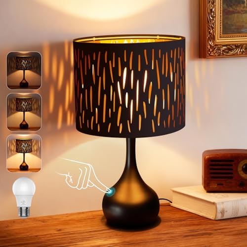 ONEWISH Touch Bedside Lamp for Bedroom, 3-Way Dimmable Table Lamps for Nightstand, Black Cutout Shade with Gold Lining Desk Lamp for Living Room, End Tables, LED Bulb Included by onewish