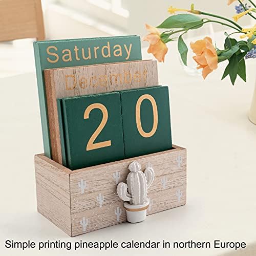 Notakia Perpetual Calendar, Wooden Calendar for Home Office Desk Accessories Vintage Wood Block Calendar(Green) - Image 2