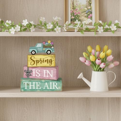 Moucuny 4 Pcs Spring Wooden Block Signs Farmhouse Table Centerpiece - Image 6