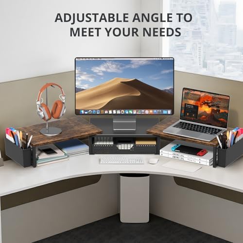 OPNICE Desk Organizers and Accessories, Dual Monitor Stand Riser with Drawer and 2 Pen Holders, Desk Shelf Printer Stand for Office Workspace Organizers, Desktop Organization (Rustic Brown) - Image 4