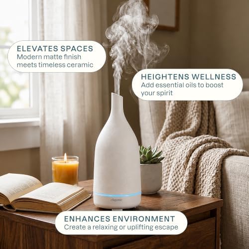 Cliganic Ceramic Aromatherapy Diffuser for Essential Oils (White) - 7 Color Lights, Cool Mist, Auto Shut Off for Home & Office - Image 3